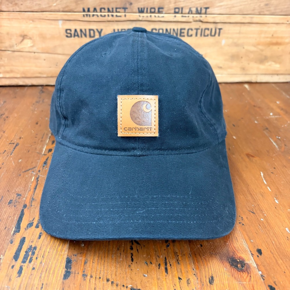 Carhartt Mens Black Canvas Baseball Cap Leather Logo Patch Adjustable Work Hat